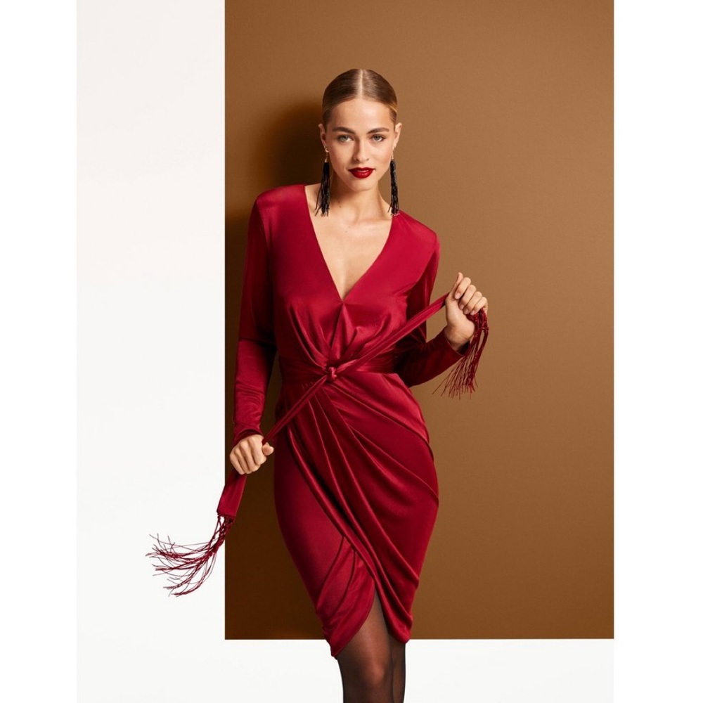 Altuzarra red long sleeve deep v-neck wrap dress